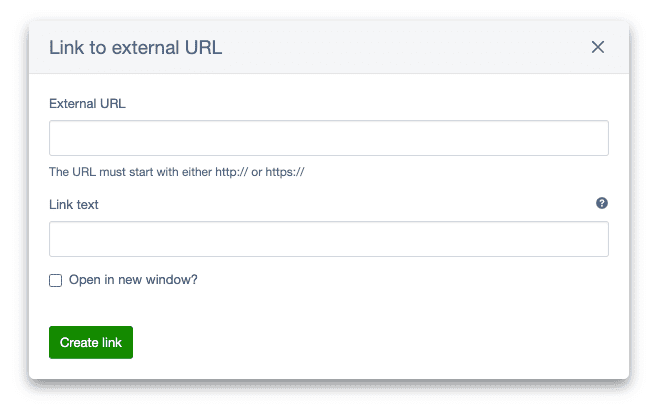A screenshot of the form "Link to external URL"
