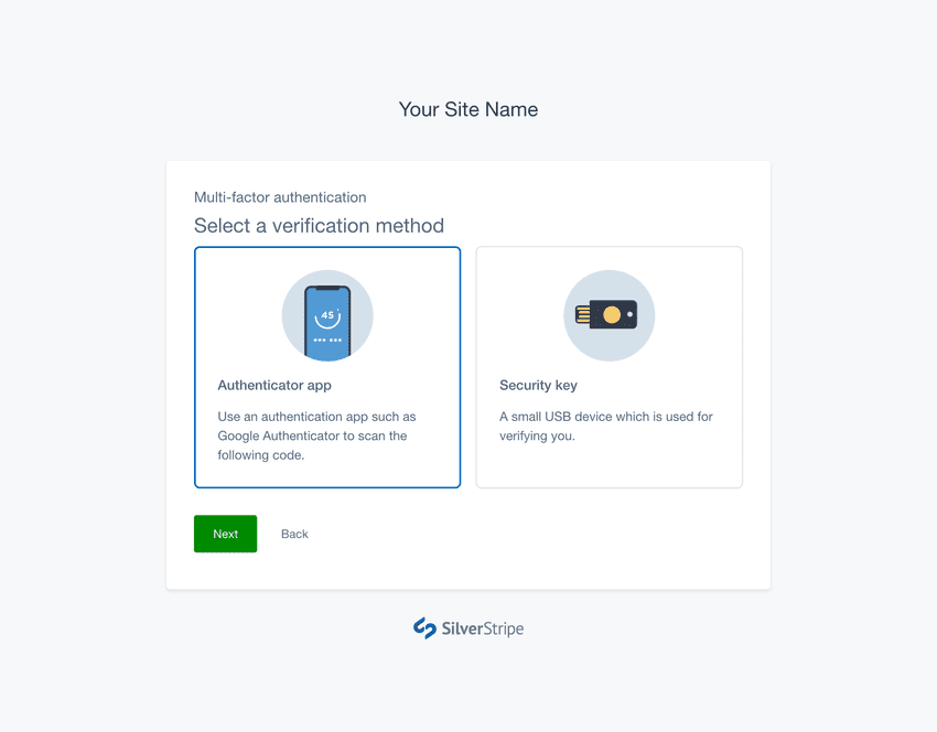 A screenshot of a user selecting the Authenticator app option in the Select Method step of the MFA setup flow