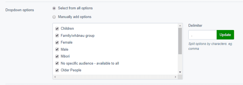 Dropdown filter configuration using Delimiter