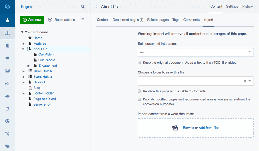 Document converter import tab interface