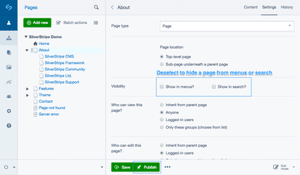 Hiding a Page (hide from menus and search) | Silverstripe CMS Documentation