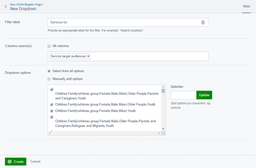 Dropdown filter configuration