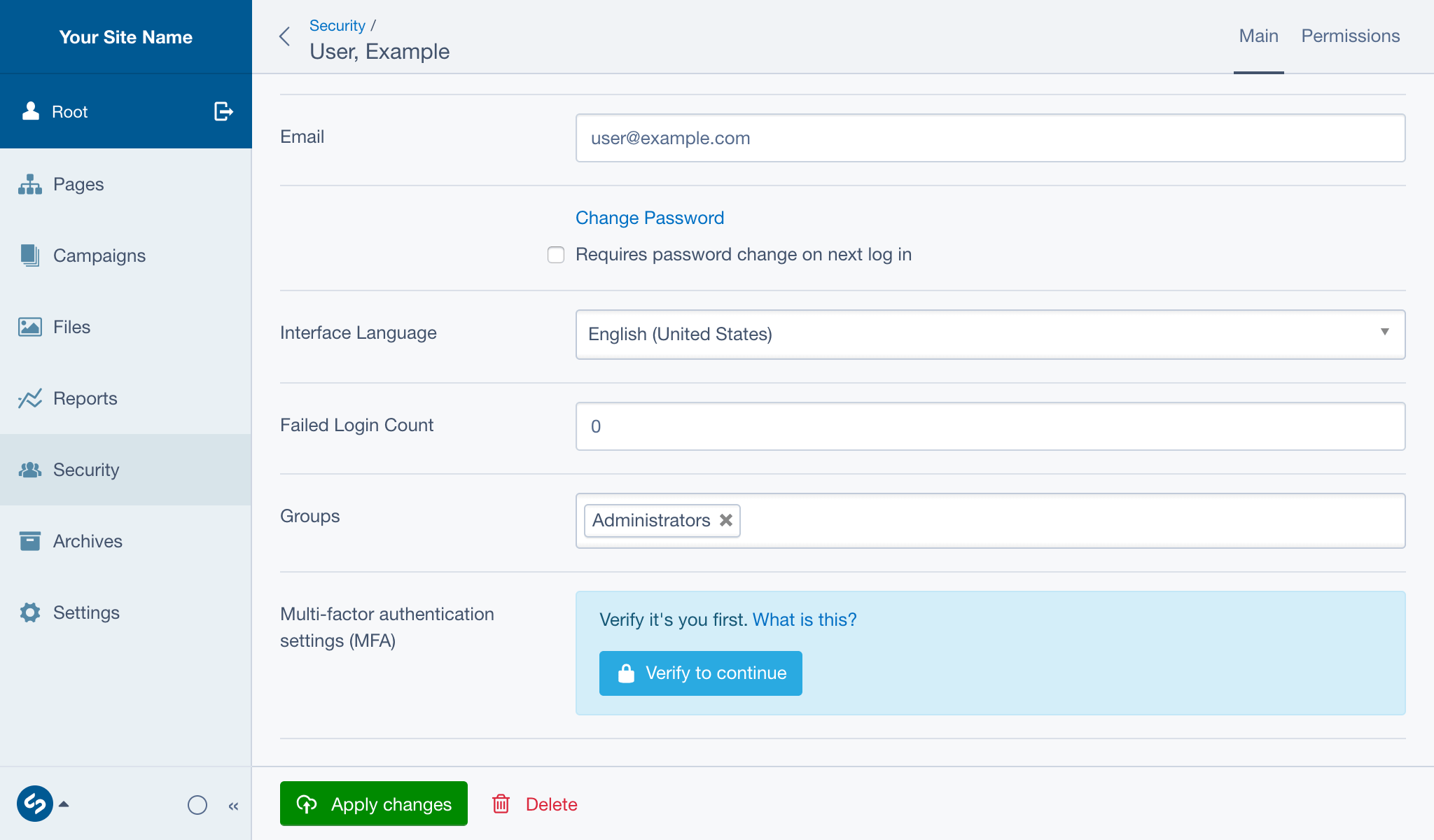 A screenshot of a user being prompted to enter their password before modifying their MFA settings in the CMS