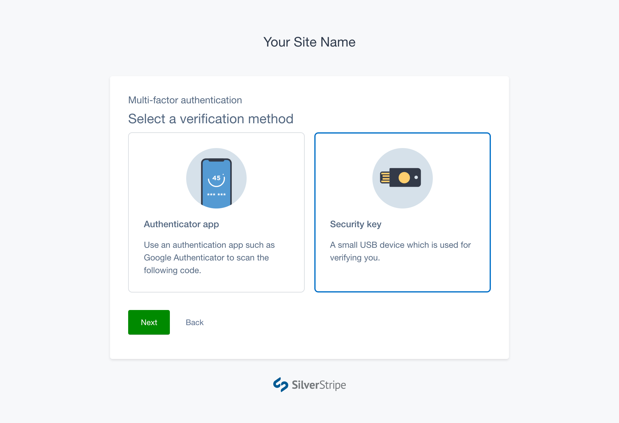 A screenshot of a user selecting the Security key option in the Select Method step of the MFA setup flow